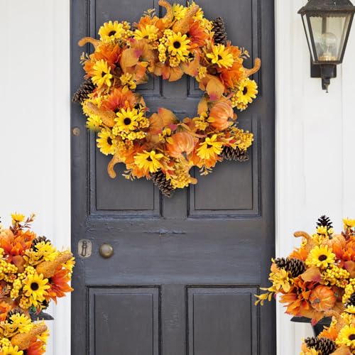 Artificial Fall Flowers Bouquet with Pumpkins and Pinecones - Silk Autumn Decor