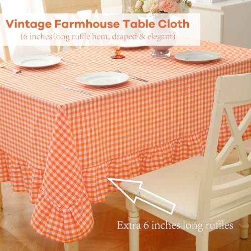Orange White Gingham Ruffle Square Tablecloth 60x60 Inches - Cotton