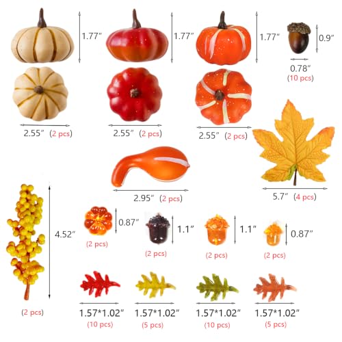 Artificial Mini Pumpkin Set with Acorns & Leaves - Fall Decor, Harvest Bowl Fillers - Mixed 1-3 Inch
