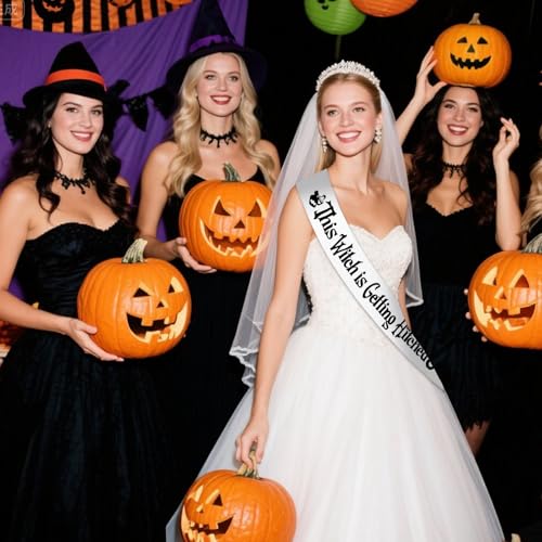 Halloween Bride Sash - White 'This Witch is Getting Hitched' Bachelorette Party Accessory
