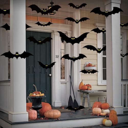 Halloween Hanging Bat Decorations Set with Glowing Eyes - Outdoor Waterproof Plastic Bats, 18 Pieces