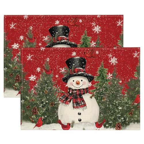Red Snowman Trees Christmas Placemats Set of 4 - 12x18 Inch Seasonal Table Decor with Variation 12" x 18" Rectangular 2 Pcs