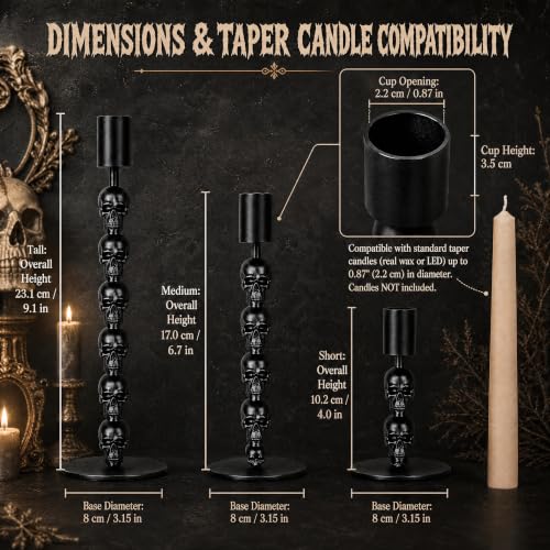 Skull Candle Holder Set - Gothic Taper Candlesticks for Halloween & Decor - Style 1 / 3