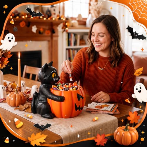 Halloween Black Cat Candy Bowl with Pumpkin Resin Decor - 5.5 Inch