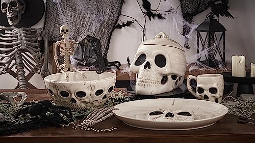 Halloween Skull Ceramic Candy Bowl - 10.4 Inch White Treat Container for Chocolates & Cookies