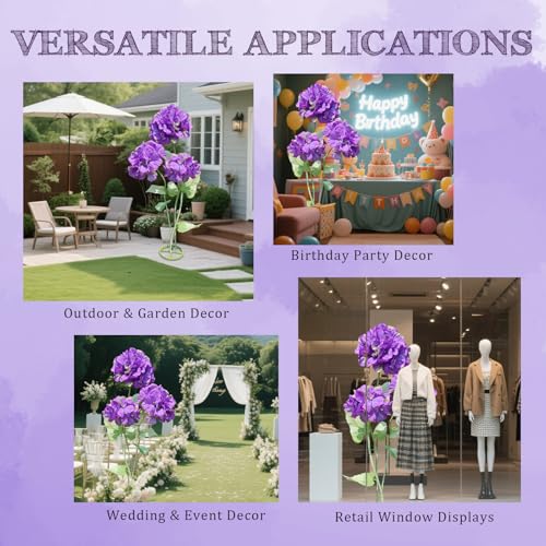 Artificial Hydrangea Flowers 3pcs - Large Faux Flower Branch Decor, Purple