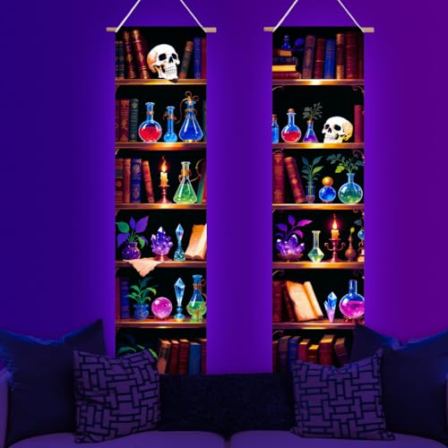 UV Reactive Black Light Tapestry - Magic Bookshelf Design, Trippy Wall Decor for Bedroom & Room Backdrop - 2 Pieces