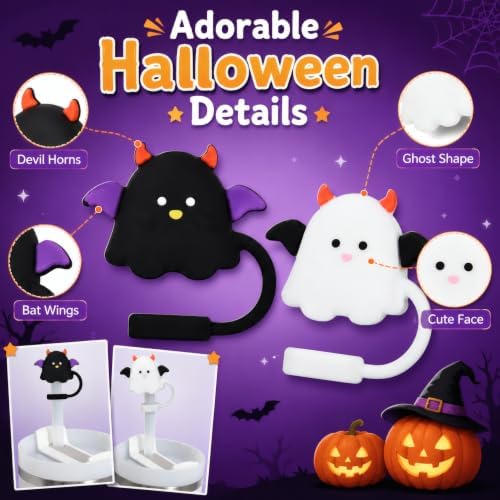 Halloween Ghost Straw Covers 6-Pack - Black and White Ghost Toppers for Tumblers