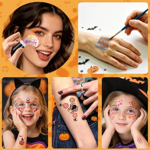 Halloween Face Paint Stencils Kit - 58pcs Makeup & Tattoo Templates, Brushes, Gems & Sponges - Halloween Variation