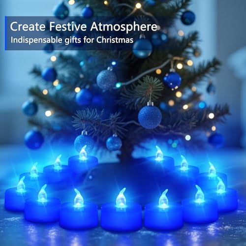 Battery Operated LED Tea Lights - Flickering Flameless Candles, 24 Pack, Blue Base, 200+ Hours