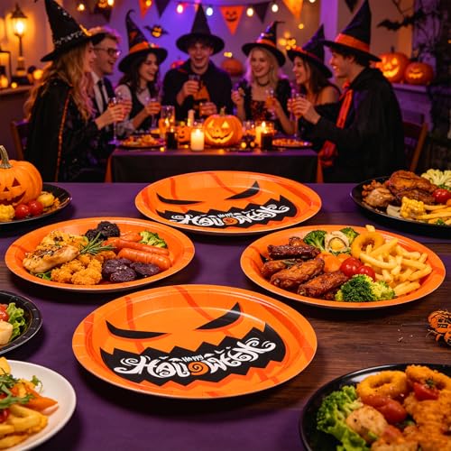 50 Pack 9-Inch Halloween Paper Plates Pumpkin Themed Disposable Party Tableware