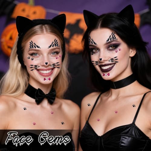 Cat Face Gems Stickers for Halloween Makeup and Costumes - 2 Sheets