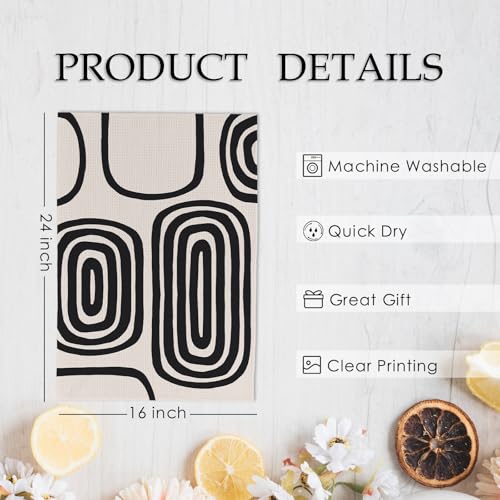 Mid Century Modern Boho Abstract Kitchen Towels & Dishcloths Set of 2 - Black Beige