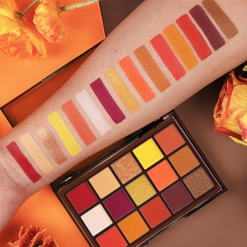 Sunset Orange Eyeshadow Palette - 15 Vibrant Warm Matte & Glitter Shades for Fall & Halloween