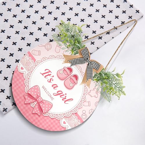 It's a Girl Wreath Door Hanger for Front Door with Plaid Bow Welcome Baby Sign 12in Variation of This Listing
