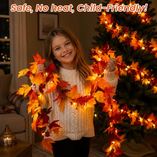 9Ft 2-Pack Battery-Operated Maple Leaf Garland with 8 Lighting Modes - Fall Decor