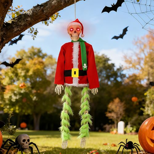 Light-Up Hanging Skeleton Santa Decoration for Halloween and Christmas Outdoor Garden Decor