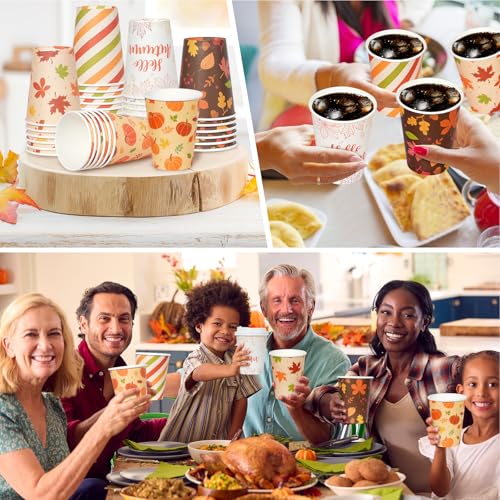 100pcs Fall Coffee Cups with Lids 12oz Disposable Pumpkin Maple Leaves Set - Thanksgiving Party Supplies