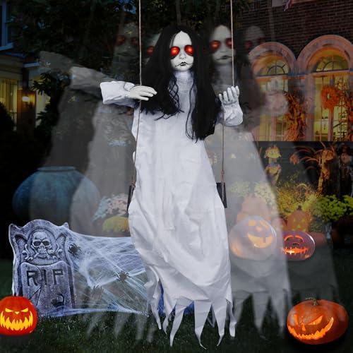 Halloween Hanging Swinging Girl Creepy Doll with White Skirt - Outdoor Decor