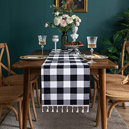 Black and White Checkered Table Runner 14x90 Inches Gingham Halloween Decor