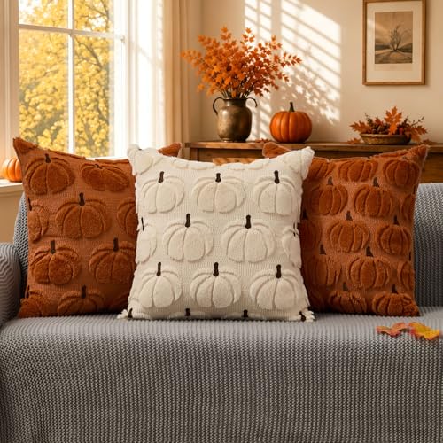 Fall Pumpkin Pillow Covers 18x18 Inches Rust Brown Set of 2 Autumn Decor