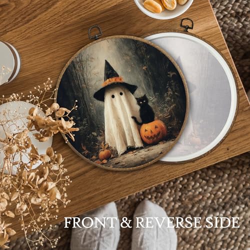 Halloween Ghost Cat Wall Art Decor - Framed Canvas Print, Rustic Halloween Home Decoration