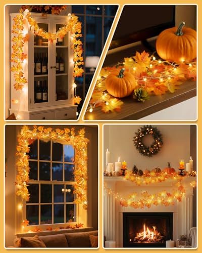 2 Pack Fall Maple Leaf Garland with Lights - 8 Lighting Modes Waterproof Battery Operated Decor