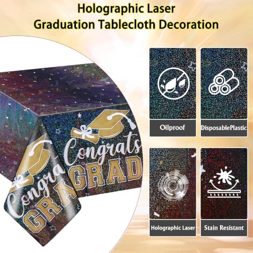 Black Graduation Tablecloth - 9ft Shimmering Laser Holographic Cover, 3 Pack