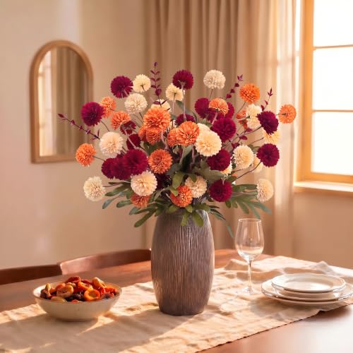 Fall Flowers Artificial Set - 16Pcs Autumn Decor with Orange Red Beige Blooms & Eucalyptus