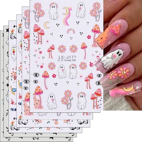 Halloween Nails Stickers with Ghosts & Pink Flowers - Style 26, 6 Sheets