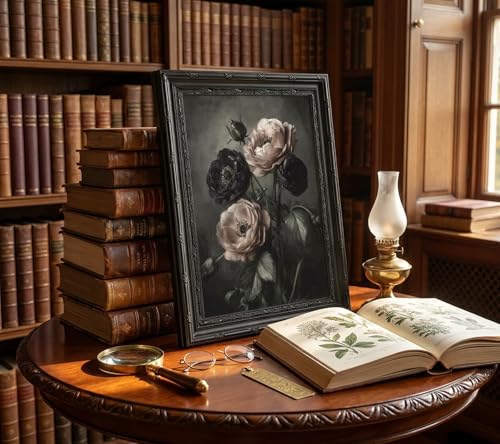 Dark Floral Canvas Wall Art - Vintage Gothic Botanical Painting, 16x12in - Black Frame