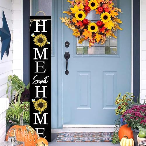 Black Sunflower Welcome Porch Sign for Front Door - Rustic Vertical Farmhouse Decor - 7.8x47.5 Inches