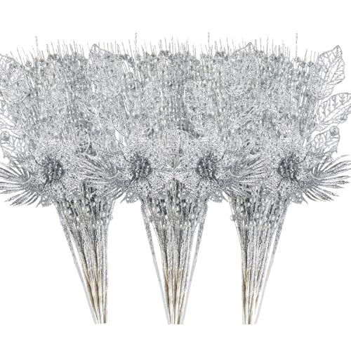 Christmas Tree Ornaments Set - Silver Artificial Flowers & Berry Stems, 24 Pack