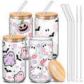 Halloween Pink Glass Cups with Lids & Straws - 4 Pack, 16 oz