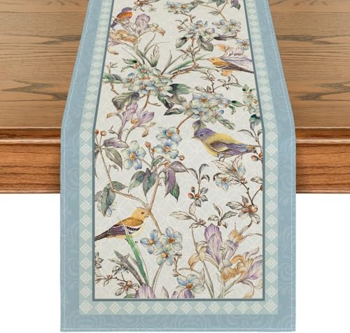 Blue Floral Table Runner - 13 x 90 Inch Spring Kitchen Decor, Seasonal Home Tablecloth