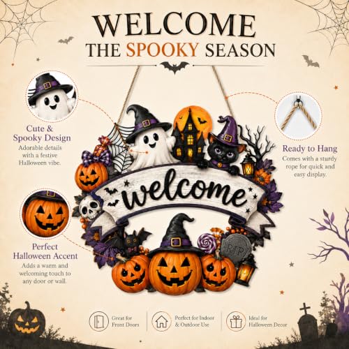 Halloween Wooden Door Wreath Sign - Rustic Fall Porch Decor with Ghost Pumpkin Bat