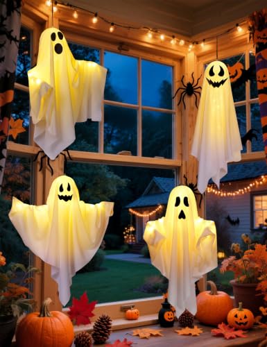 Halloween Hanging Ghost Decorations - 4 Pack Outdoor Indoor Light-Up Spooky Yard Party Decor