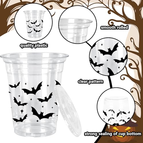 Halloween Plastic Cups with Lids & Straws - Black Bat Design, 12Oz, 50 Pack