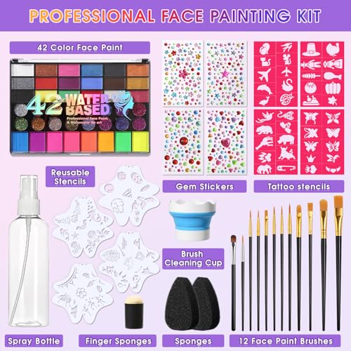 42 Colors Face Painting Kit - Water-Activated Face & Body Art Set for Halloween & Parties