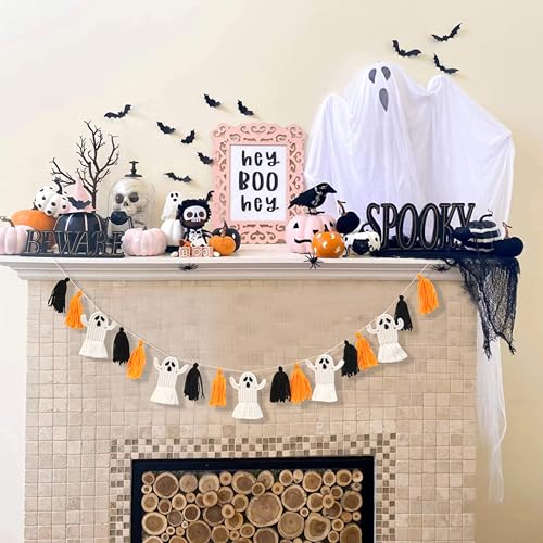 Halloween Ghosts Garland - Macrame Halloween Party Decor, Tassel Banner, Home & Yard Decoration