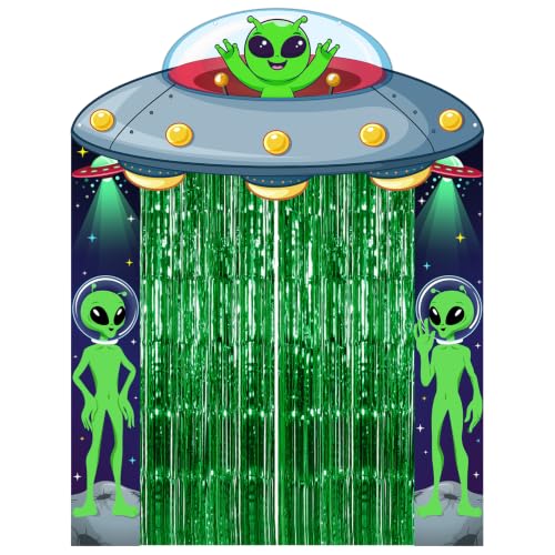 Alien Party Decorations Set - UFO Banner, Green Fringe Curtains & Alien Signs