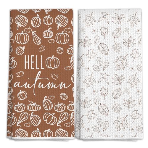 Fall Line Art Neutral Pumpkin Kitchen Decor Dish Towels Set of 2 - Color 12