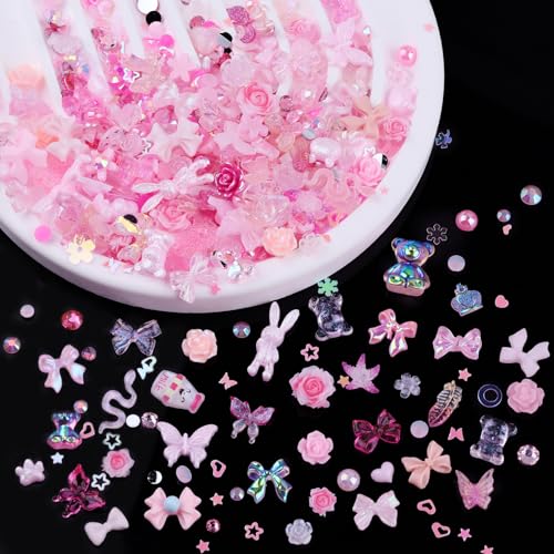 Pink Nail Art Charms Kit - 100pcs Resin Gems & Flatback Rhinestones