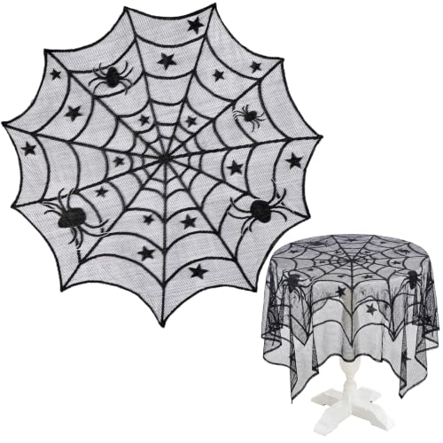 40-Inch Halloween Spider Web Round Tablecloth - Black Lace Spooky Decor