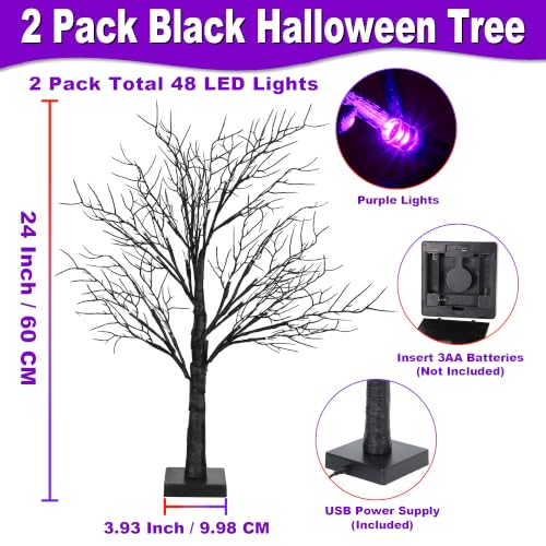 Purple Lighted Halloween Trees - 24 Inch Spooky Tabletop Decor Set of 2 with Timer