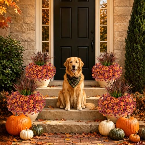 Artificial Fall Flowers Set - UV Resistant Outdoor Decor, Orange Red