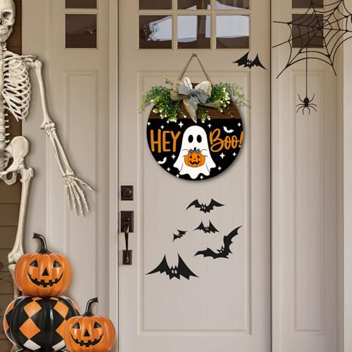 Halloween Door Sign Outdoor Decor Ghost Pumpkin Wreath - Hey Boo Variation