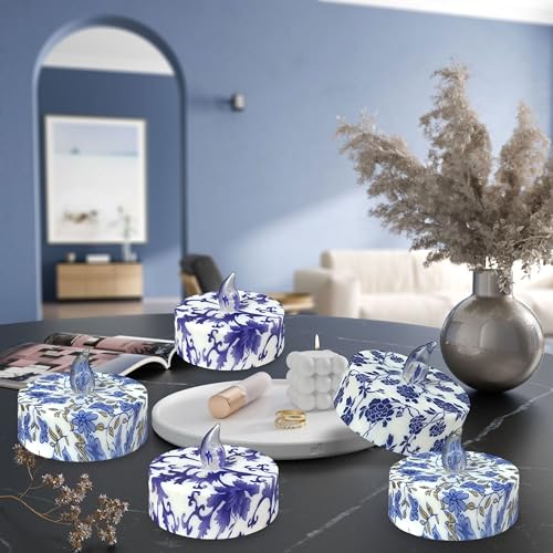 Blue & White Porcelain Flameless Tea Lights with Remote - BMP MIX, 12 Pack