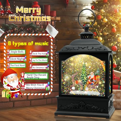 Christmas Snow Globe Lantern with Music & Timer - Black Santa LED Glitter Decor
