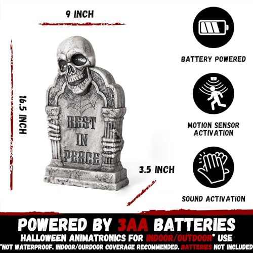 Halloween Animatronic Tombstone with Skull & Green LED Lights, Sound & Motion Activated - Green Variation